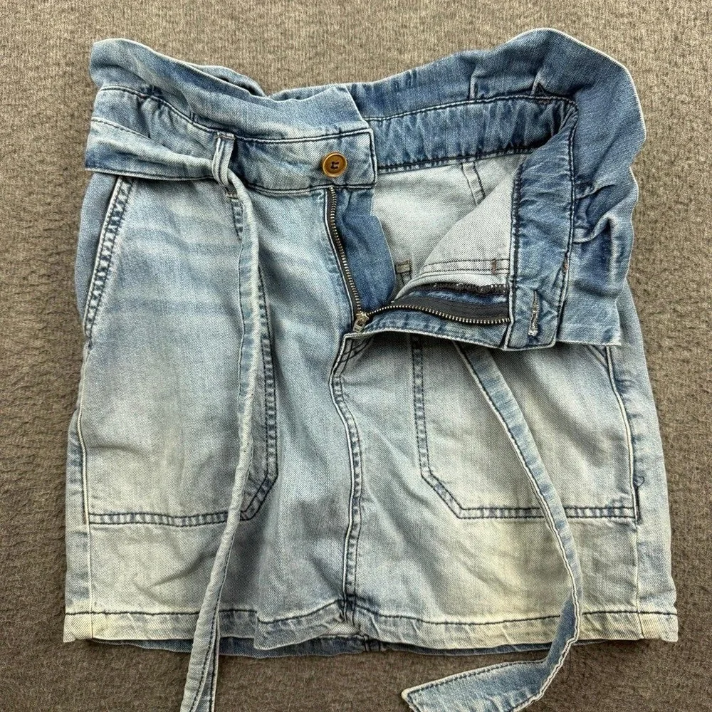 Free People‎ Women's 0 Blue Jean Skirt Belted High Waist Ruffle Mini Boho